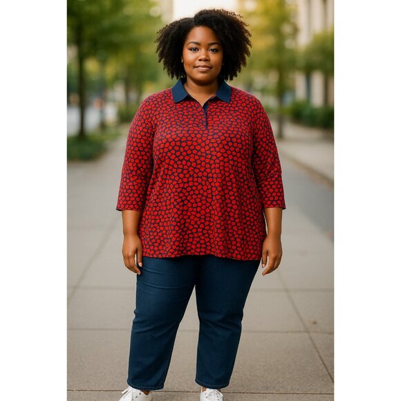 Lands End Womens Plus Size Red & Navy Heart Print Polo Shirt 2X Cotton Blend 3/4 - Picture 1 of 13